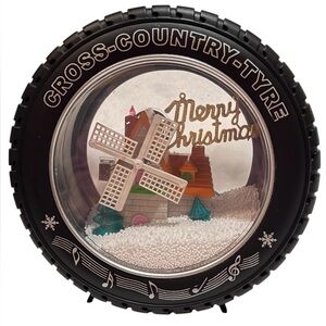 Musical Christmas Snow Globe Tire Frame Windmill Village Scene Battery Operated